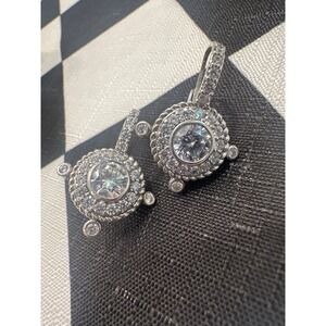 Judith Ripka Sterling Silver 925 CZ Halo Leverback Drop Earrings Round Brilliant